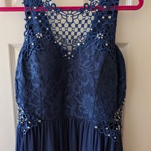 City Triangles Navy Blue Lace Prom Dress with Beaded Detail